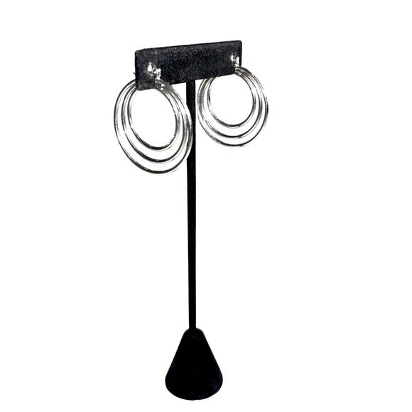 Silver Tone Triple Tiered Hoop Earrings - Modern & Stylish! - Picture 5 of 7